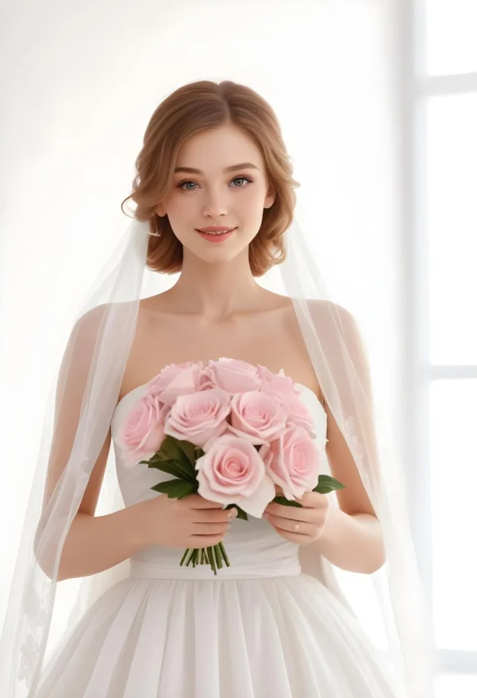 Young Caucasian Woman In Her 20s With Light Brown Hair Wearing A Strapless White Wedding Dress And A Veil Holding A Bouquet Of Pink Flowers The Background Is Bright And Softly Lit 8 B5fc