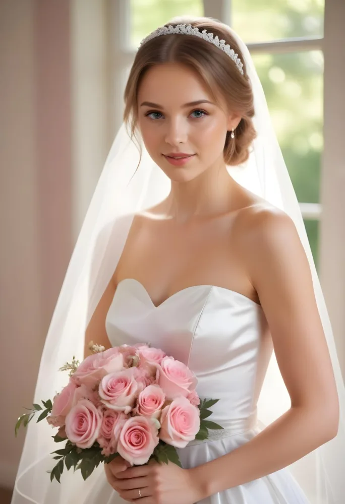 Young Caucasian Woman In Her 20s With Light Brown Hair Wearing A Strapless White Wedding Dress And A Veil Holding A Bouquet Of Pink Flowers The Background Is Bright And Softly Lit 9 Bc7a