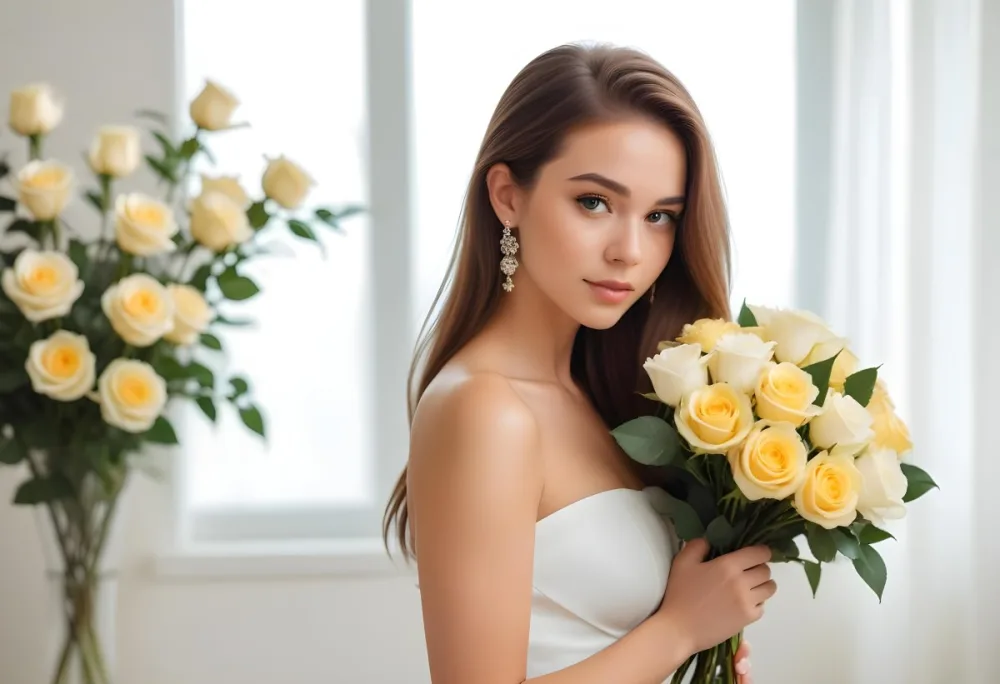 Young Woman With Light Skin And Long Brown Hair Wearing A Strapless White Dress And Large Earrings Holding A Bouquet Of White And Yellow Roses The Background Features Soft Blurred Greenery And Floral Arrangements 10 587c