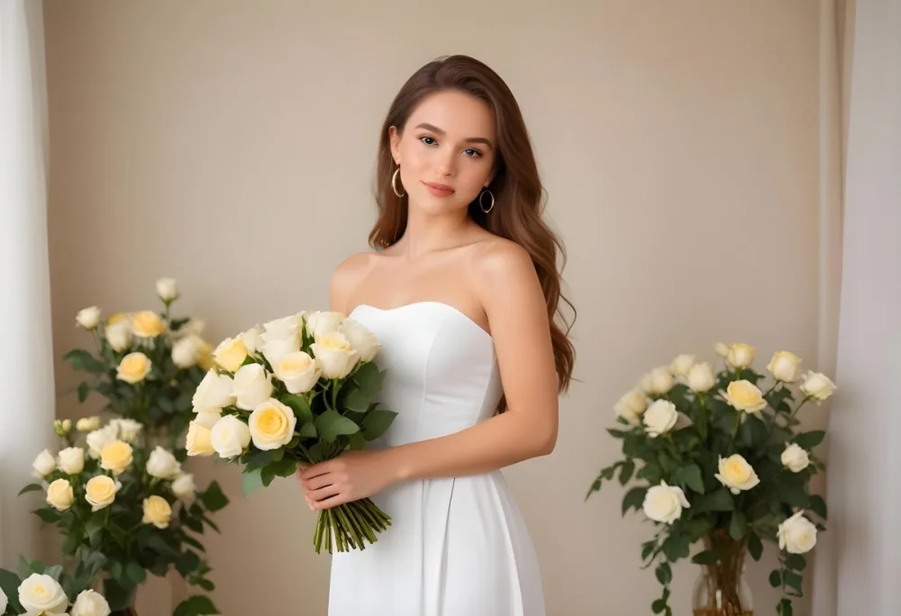 Young Woman With Light Skin And Long Brown Hair Wearing A Strapless White Dress And Large Earrings Holding A Bouquet Of White And Yellow Roses The Background Features Soft Blurred Greenery And Floral Arrangements 11 7ed2