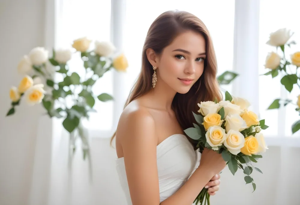 Young Woman With Light Skin And Long Brown Hair Wearing A Strapless White Dress And Large Earrings Holding A Bouquet Of White And Yellow Roses The Background Features Soft Blurred Greenery And Floral Arrangements 13 Ac87