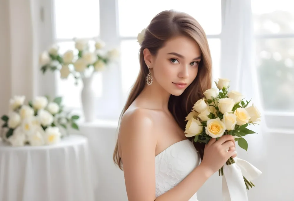 Young Woman With Light Skin And Long Brown Hair Wearing A Strapless White Dress And Large Earrings Holding A Bouquet Of White And Yellow Roses The Background Features Soft Blurred Greenery And Floral Arrangements 14 Aa6e