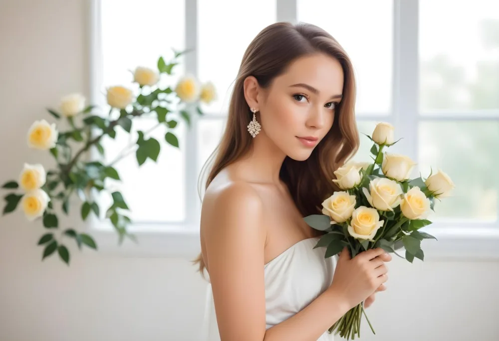 Young Woman With Light Skin And Long Brown Hair Wearing A Strapless White Dress And Large Earrings Holding A Bouquet Of White And Yellow Roses The Background Features Soft Blurred Greenery And Floral Arrangements 15 0d34