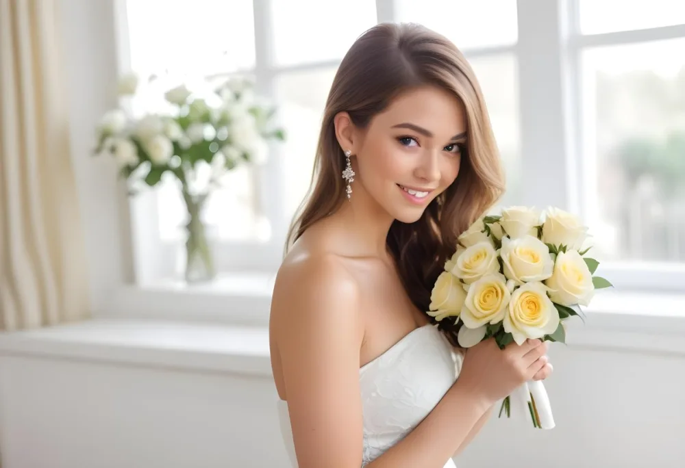Young Woman With Light Skin And Long Brown Hair Wearing A Strapless White Dress And Large Earrings Holding A Bouquet Of White And Yellow Roses The Background Features Soft Blurred Greenery And Floral Arrangements 18 F482