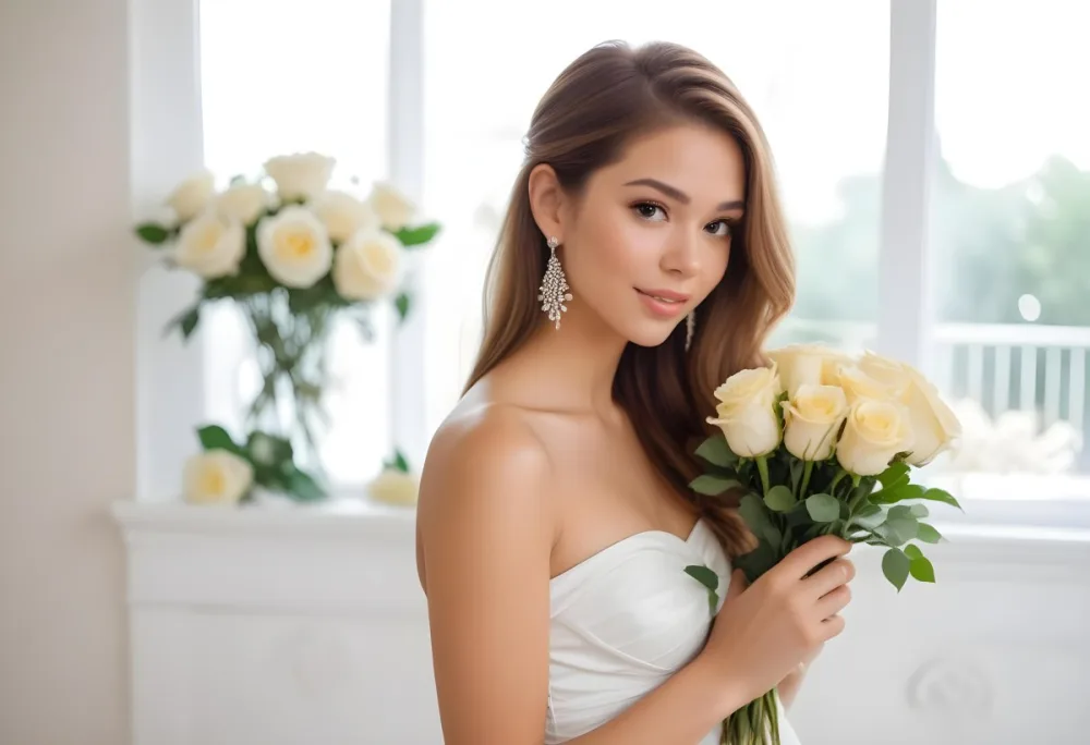 Young Woman With Light Skin And Long Brown Hair Wearing A Strapless White Dress And Large Earrings Holding A Bouquet Of White And Yellow Roses The Background Features Soft Blurred Greenery And Floral Arrangements 19 8f12
