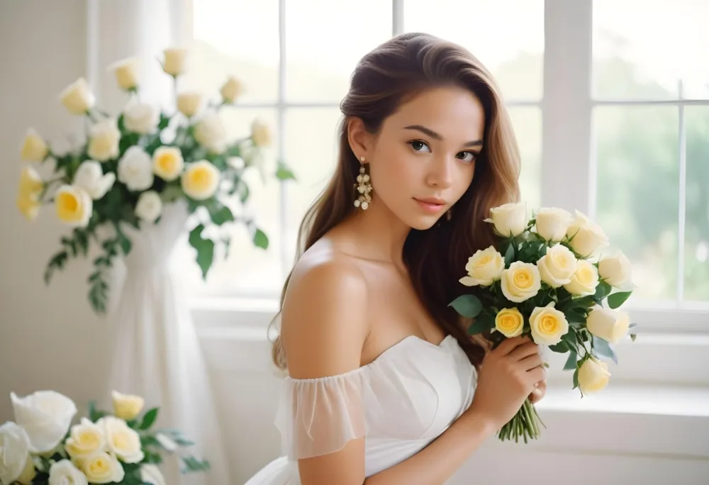 Young Woman With Light Skin And Long Brown Hair Wearing A Strapless White Dress And Large Earrings Holding A Bouquet Of White And Yellow Roses The Background Features Soft Blurred Greenery And Floral Arrangements 4 E0f4