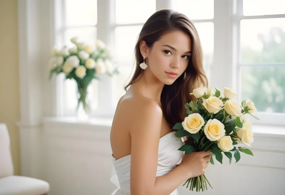 Young Woman With Light Skin And Long Brown Hair Wearing A Strapless White Dress And Large Earrings Holding A Bouquet Of White And Yellow Roses The Background Features Soft Blurred Greenery And Floral Arrangements 6 Ca27