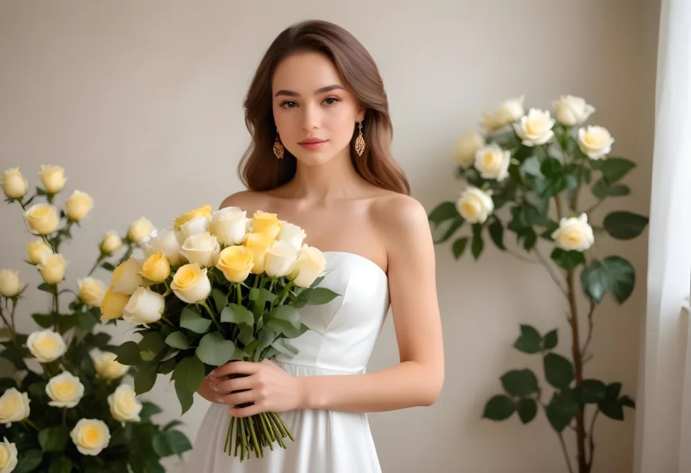 Young Woman With Light Skin And Long Brown Hair Wearing A Strapless White Dress And Large Earrings Holding A Bouquet Of White And Yellow Roses The Background Features Soft Blurred Greenery And Floral Arrangements 7 C587