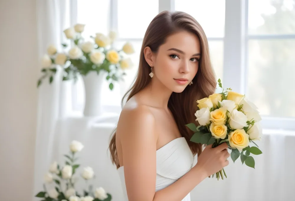 Young Woman With Light Skin And Long Brown Hair Wearing A Strapless White Dress And Large Earrings Holding A Bouquet Of White And Yellow Roses The Background Features Soft Blurred Greenery And Floral Arrangements 8 0fed