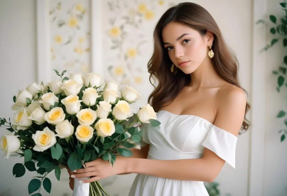 Young Woman With Light Skin And Long Brown Hair Wearing A Strapless White Dress And Large Earrings Holding A Bouquet Of White And Yellow Roses The Background Features Soft Blurred Greenery And Floral Arrangements Ba71