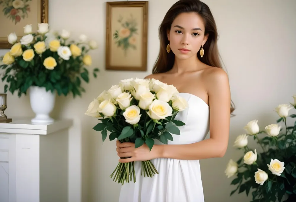 Young Woman With Light Skin And Long Brown Hair Wearing A Strapless White Dress And Large Earrings Holding A Bouquet Of White And Yellow Roses The Background Features Soft Blurred Greenery And Floral Arrangements Su 1 2219