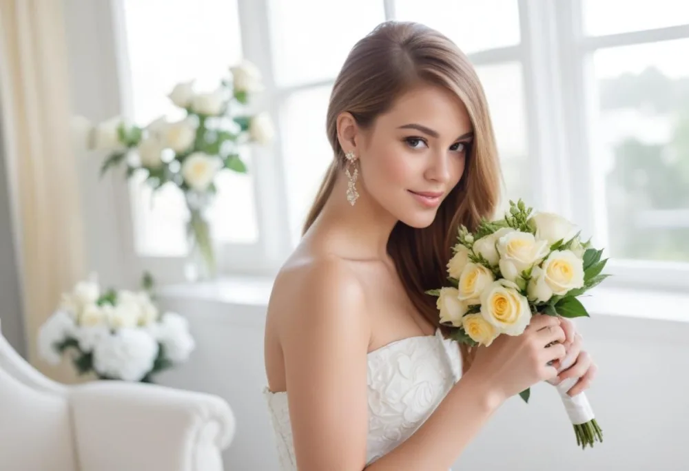 Young Woman With Light Skin And Long Brown Hair Wearing A Strapless White Dress And Large Earrings Holding A Bouquet Of White And Yellow Roses The Background Features Soft Blurred Greenery And Floral Arrangements Su 291e