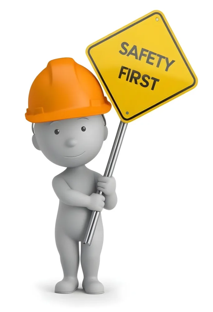 3d Model A Gray Humanoid Figure Wearing An Orange Hard Hat Holding A Yellow Sign That Reads Safety First In Black Text The Figure Stands Upright With Both Hands On The Sign Emphasizing The Importance Of Safety The 12 Ff63