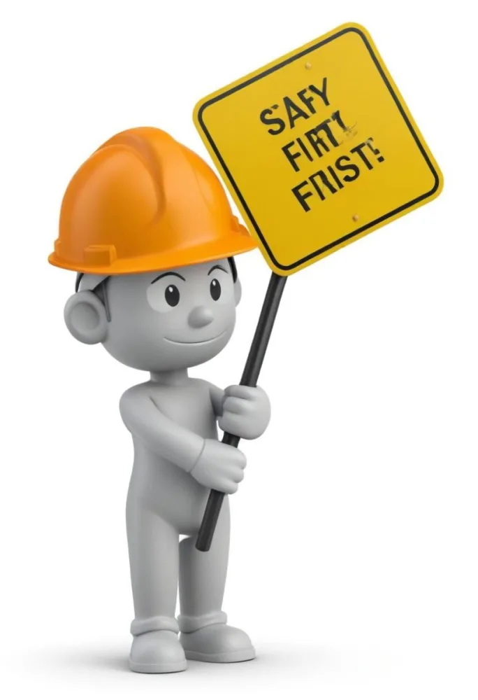 3d Model A Gray Humanoid Figure Wearing An Orange Hard Hat Holding A Yellow Sign That Reads Safety First In Black Text The Figure Stands Upright With Both Hands On The Sign Emphasizing The Importance Of Safety The 16 Ad15