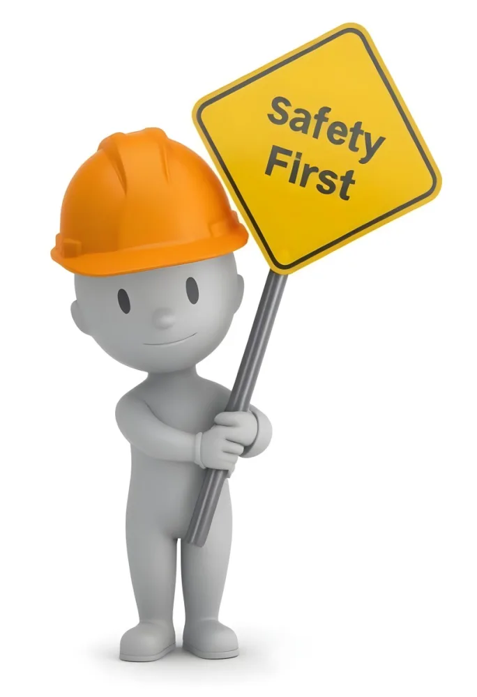 3d Model A Gray Humanoid Figure Wearing An Orange Hard Hat Holding A Yellow Sign That Reads Safety First In Black Text The Figure Stands Upright With Both Hands On The Sign Emphasizing The Importance Of Safety The 18 4566