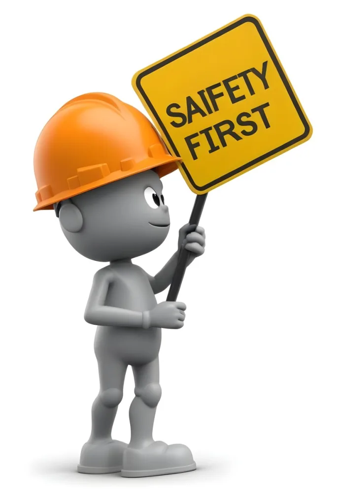 3d Model A Gray Humanoid Figure Wearing An Orange Hard Hat Holding A Yellow Sign That Reads Safety First In Black Text The Figure Stands Upright With Both Hands On The Sign Emphasizing The Importance Of Safety The 21 7d79