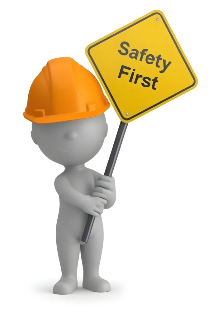 3d Model A Gray Humanoid Figure Wearing An Orange Hard Hat Holding A Yellow Sign That Reads Safety First In Black Text The Figure Stands Upright With Both Hands On The Sign Emphasizing The Importance Of Safety The 23 2d96