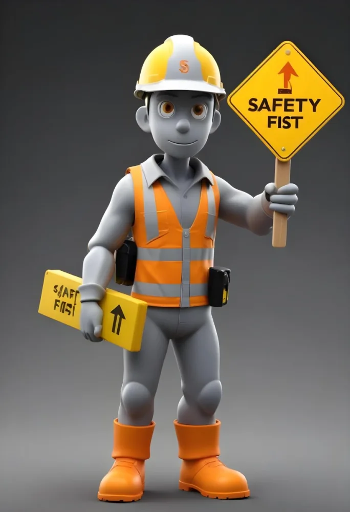 3d Model A Gray Humanoid Figure Wearing An Orange Hard Hat Holding A Yellow Sign That Reads Safety First In Black Text The Figure Stands Upright With Both Hands On The Sign Emphasizing The Importance Of Safety The 4 436b