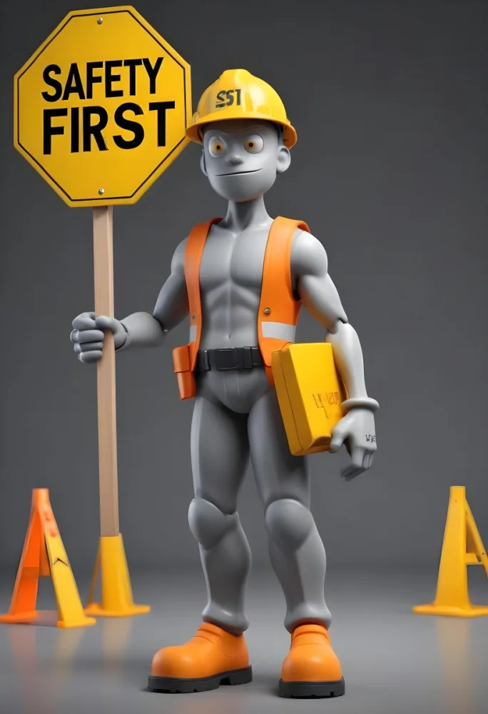 3d Model A Gray Humanoid Figure Wearing An Orange Hard Hat Holding A Yellow Sign That Reads Safety First In Black Text The Figure Stands Upright With Both Hands On The Sign Emphasizing The Importance Of Safety The 5 03a9
