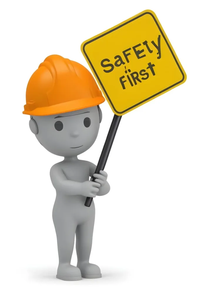 3d Model A Gray Humanoid Figure Wearing An Orange Hard Hat Holding A Yellow Sign That Reads Safety First In Black Text The Figure Stands Upright With Both Hands On The Sign Emphasizing The Importance Of Safety The 7 Fc09