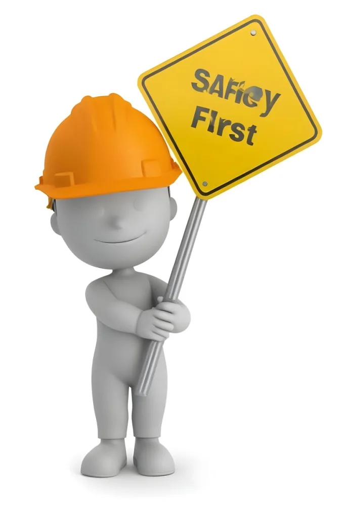 3d Model A Gray Humanoid Figure Wearing An Orange Hard Hat Holding A Yellow Sign That Reads Safety First In Black Text The Figure Stands Upright With Both Hands On The Sign Emphasizing The Importance Of Safety The 9 30a7