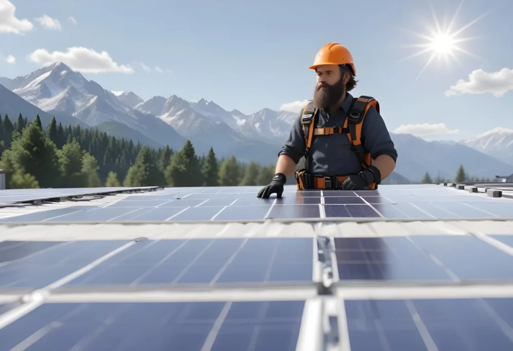 A 35 Year Old Caucasian Man With A Beard Wearing A Helmet And A Safety Vest Inspecting Solar Panels On A Rooftop With A Mountain In The Background 6 9d33