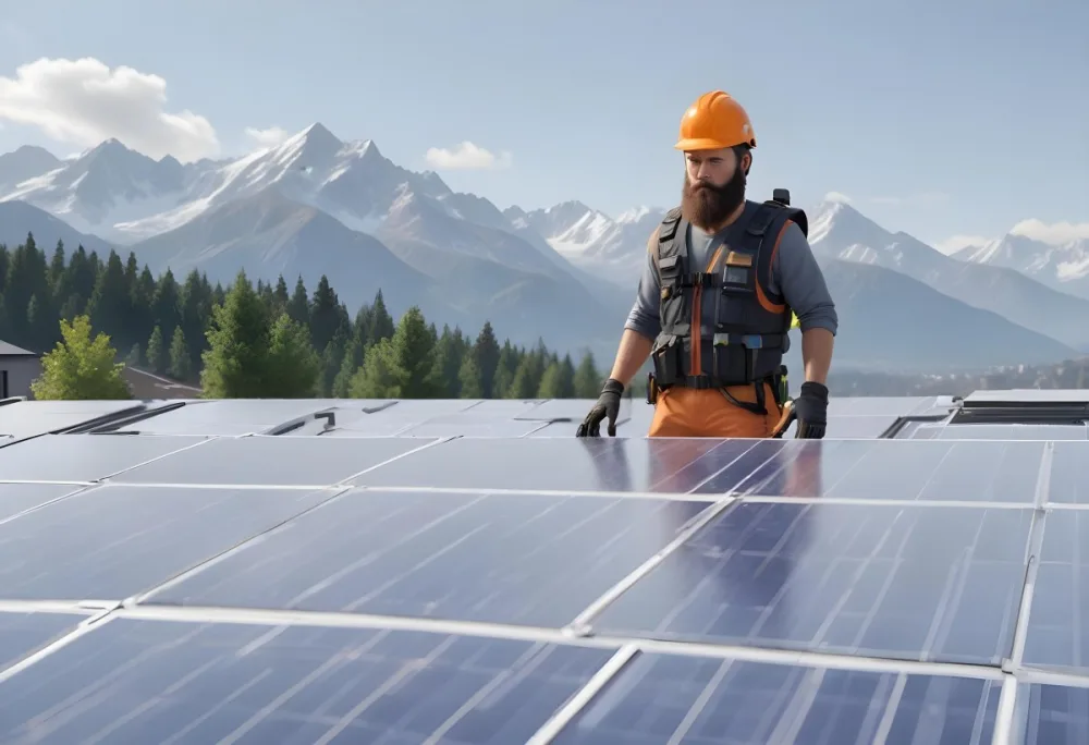 A 35 Year Old Caucasian Man With A Beard Wearing A Helmet And A Safety Vest Inspecting Solar Panels On A Rooftop With A Mountain In The Background 7 F69d