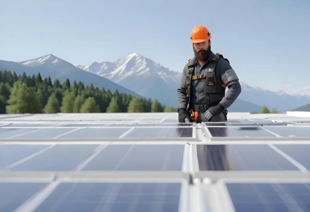 A 35 Year Old Caucasian Man With A Beard Wearing A Helmet And A Safety Vest Inspecting Solar Panels On A Rooftop With A Mountain In The Background 8 9049