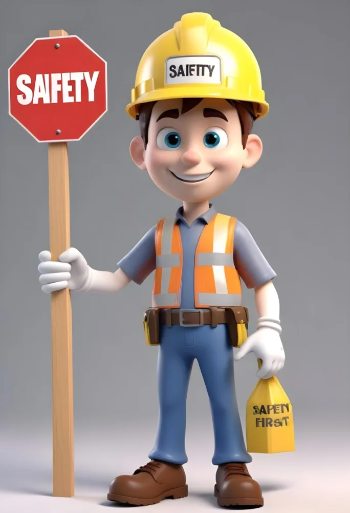 A 3d Cartoon Character Wearing A Hard Hat And Holding A Safety First Sign 3 Fbad