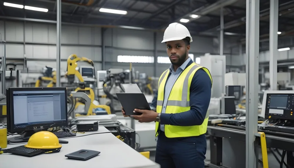 A Black Man 30 Years Old With A Yellow Helmet And White Vest Holding A Laptop In A Factory With Machinery And Computers 1 42ec