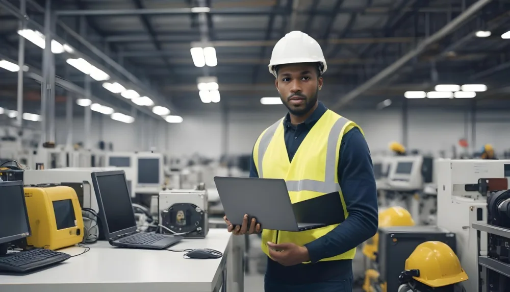 A Black Man 30 Years Old With A Yellow Helmet And White Vest Holding A Laptop In A Factory With Machinery And Computers 2 E603