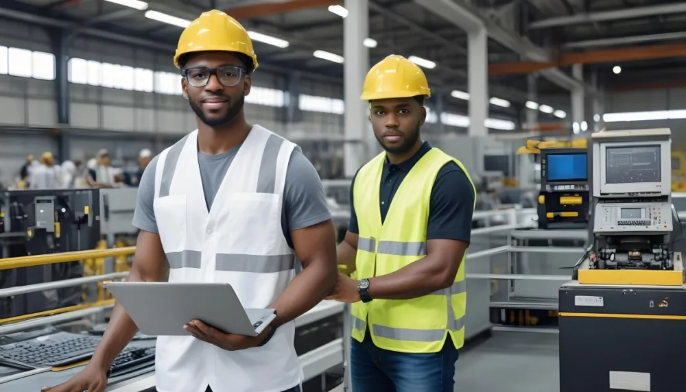 A Black Man 30 Years Old With A Yellow Helmet And White Vest Holding A Laptop In A Factory With Machinery And Computers 3 F84e