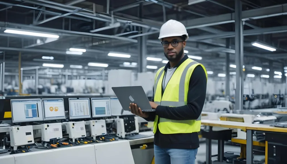 A Black Man 30 Years Old With A Yellow Helmet And White Vest Holding A Laptop In A Factory With Machinery And Computers 4 970e