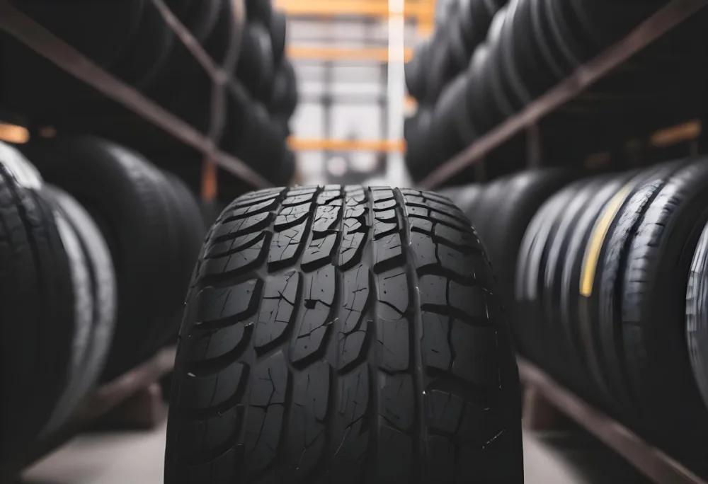 A Black Tire In A Warehouse With Tires On Shelves The Background Is Blurred 18 D932