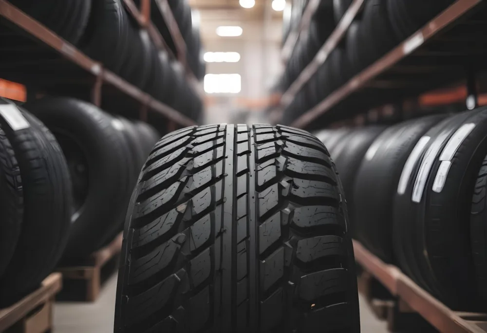 A Black Tire In A Warehouse With Tires On Shelves The Background Is Blurred 21 5d59