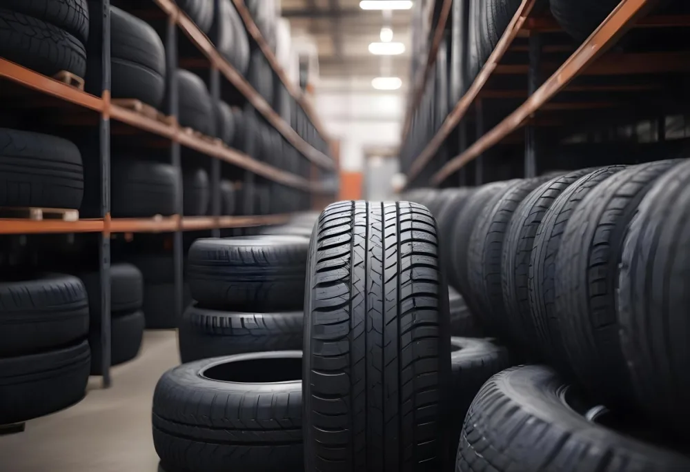 A Black Tire In A Warehouse With Tires On Shelves The Background Is Blurred 22 C7d1