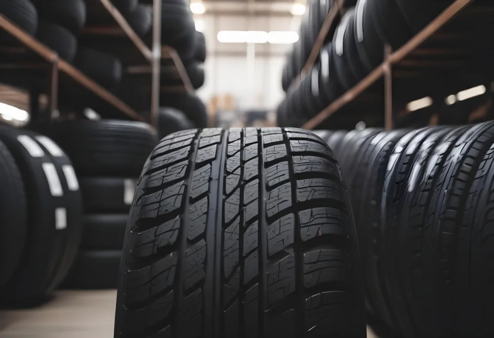 A Black Tire In A Warehouse With Tires On Shelves The Background Is Blurred 25 F5b3