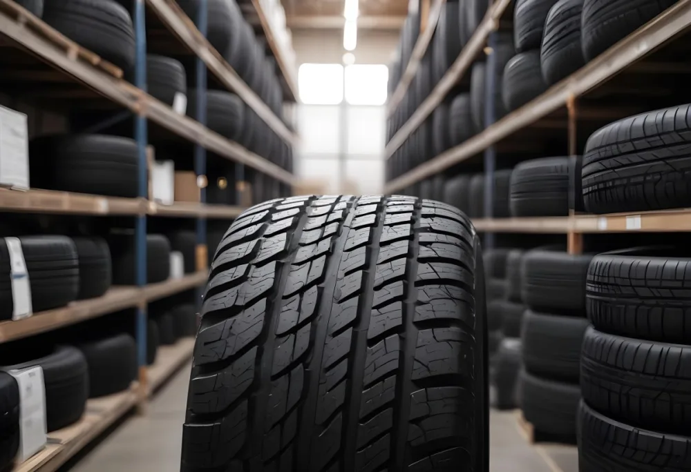 A Black Tire In A Warehouse With Tires On Shelves The Background Is Blurred 26 Fd9c