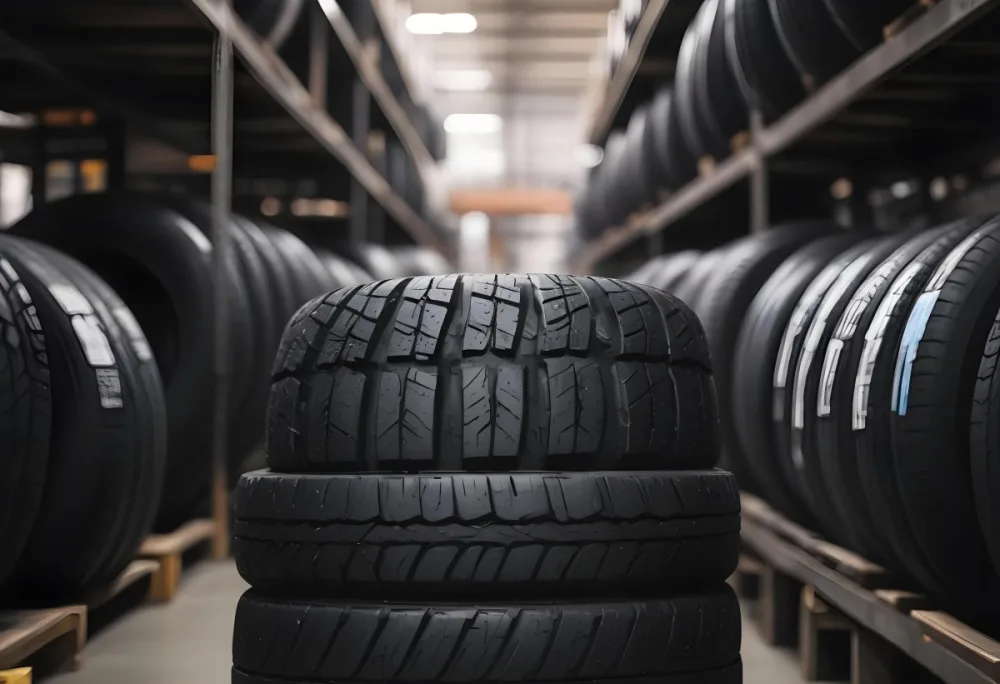 A Black Tire In A Warehouse With Tires On Shelves The Background Is Blurred 28 7901
