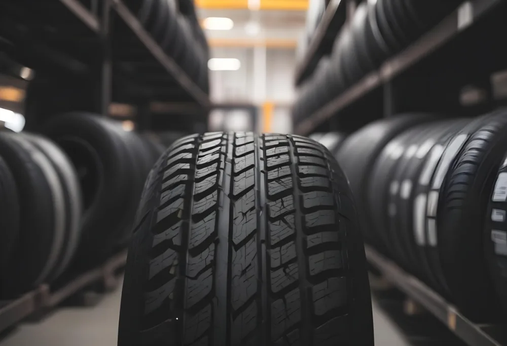 A Black Tire In A Warehouse With Tires On Shelves The Background Is Blurred 29 2d57