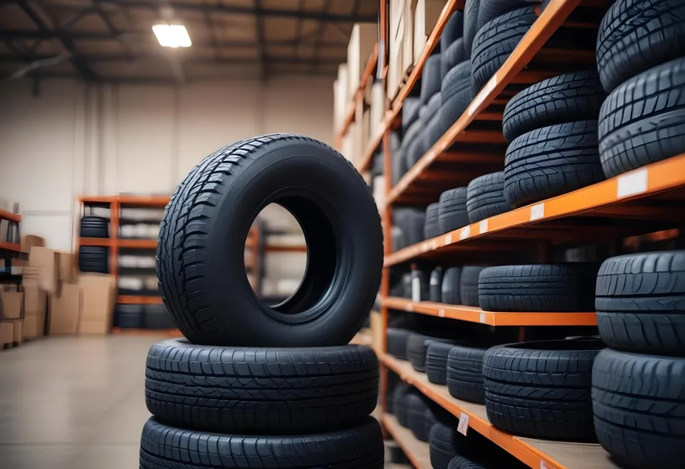 A Black Tire In A Warehouse With Tires On Shelves The Background Is Blurred 3 83c0