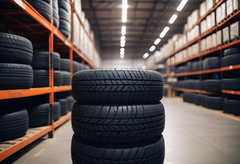 A Black Tire In A Warehouse With Tires On Shelves The Background Is Blurred 4 B0b7