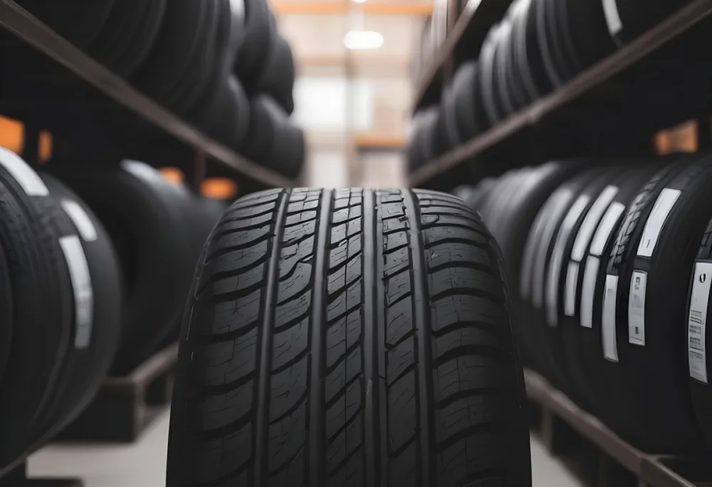 A Black Tire In A Warehouse With Tires On Shelves The Background Is Blurred 8 B96a