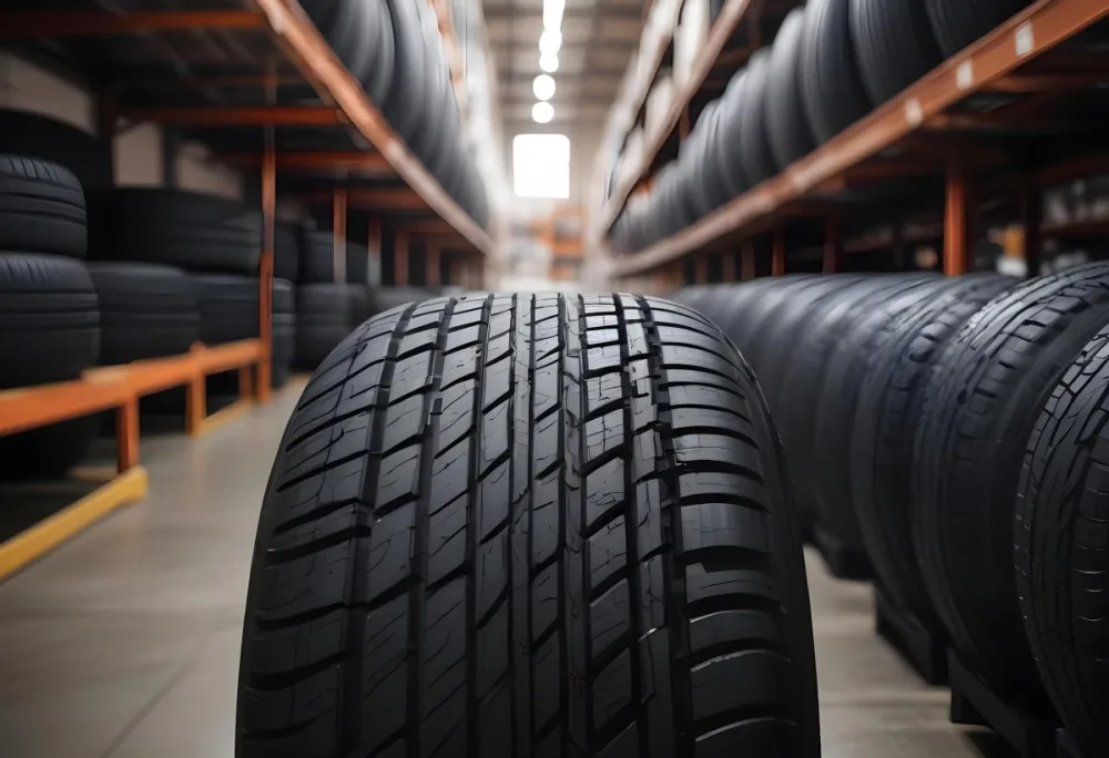 A Black Tire In A Warehouse With Tires On Shelves The Background Is Blurred 9 26f6