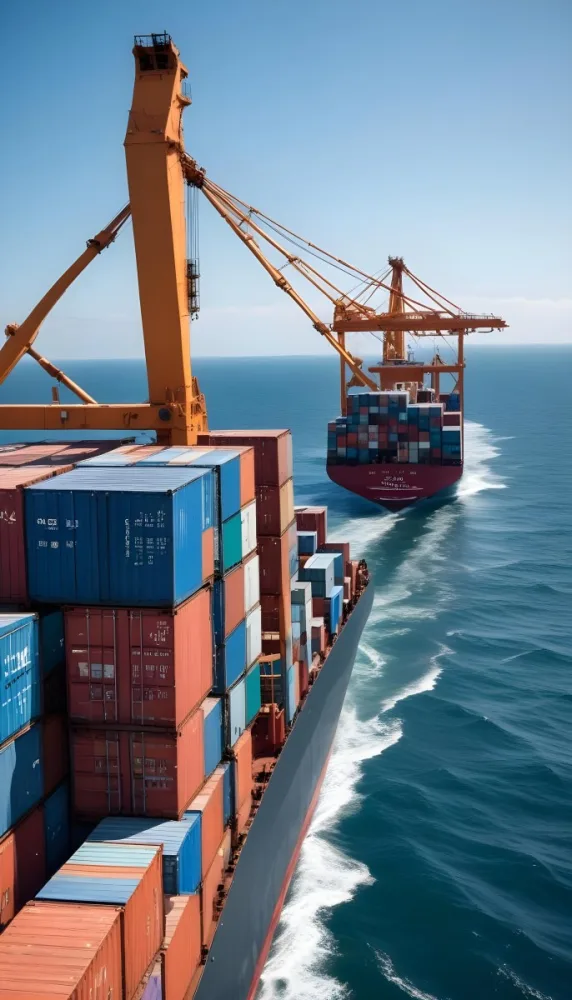 A Cargo Ship Carrying Colorful Shipping Containers On The Open Ocean With A Crane Visible In The Foreground 10 7924