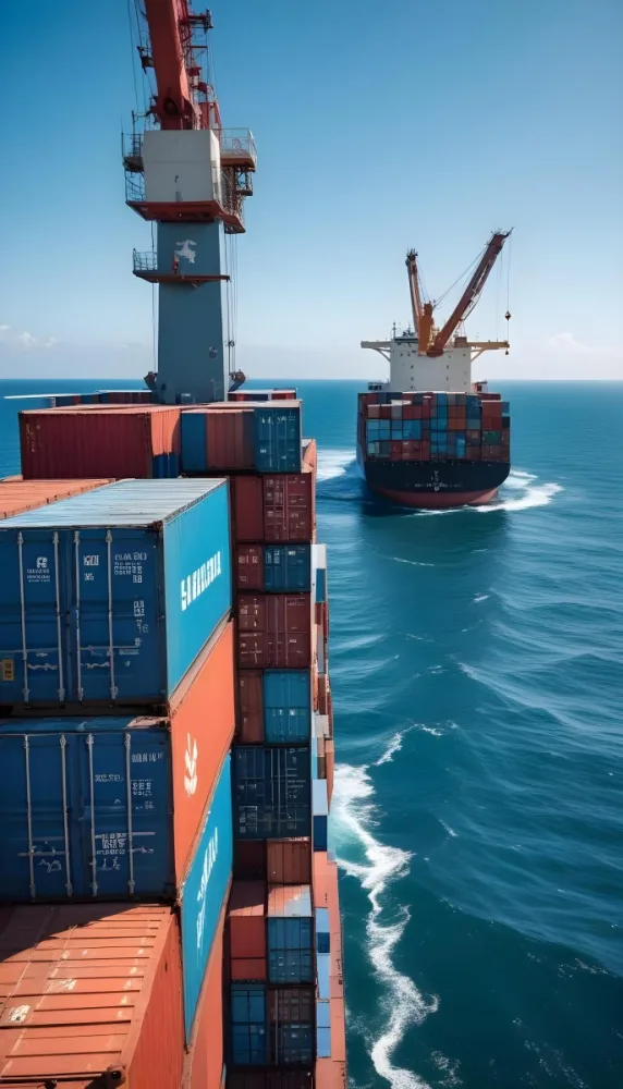 A Cargo Ship Carrying Colorful Shipping Containers On The Open Ocean With A Crane Visible In The Foreground 11 C02b
