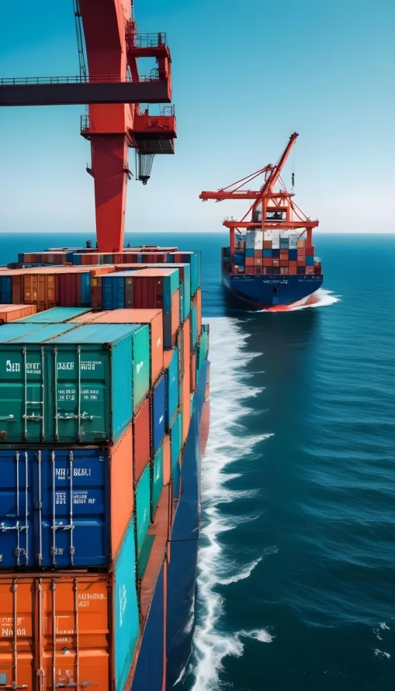 A Cargo Ship Carrying Colorful Shipping Containers On The Open Ocean With A Crane Visible In The Foreground 2 72c4
