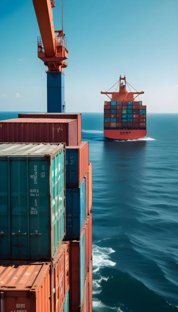 A Cargo Ship Carrying Colorful Shipping Containers On The Open Ocean With A Crane Visible In The Foreground 5 0508