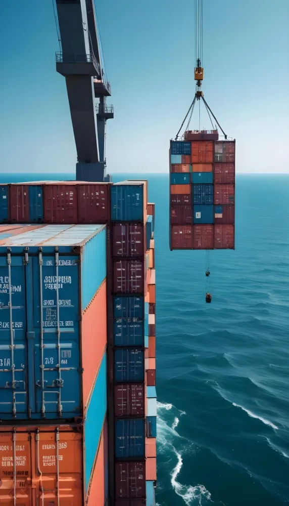 A Cargo Ship Carrying Colorful Shipping Containers On The Open Ocean With A Crane Visible In The Foreground 6 C880