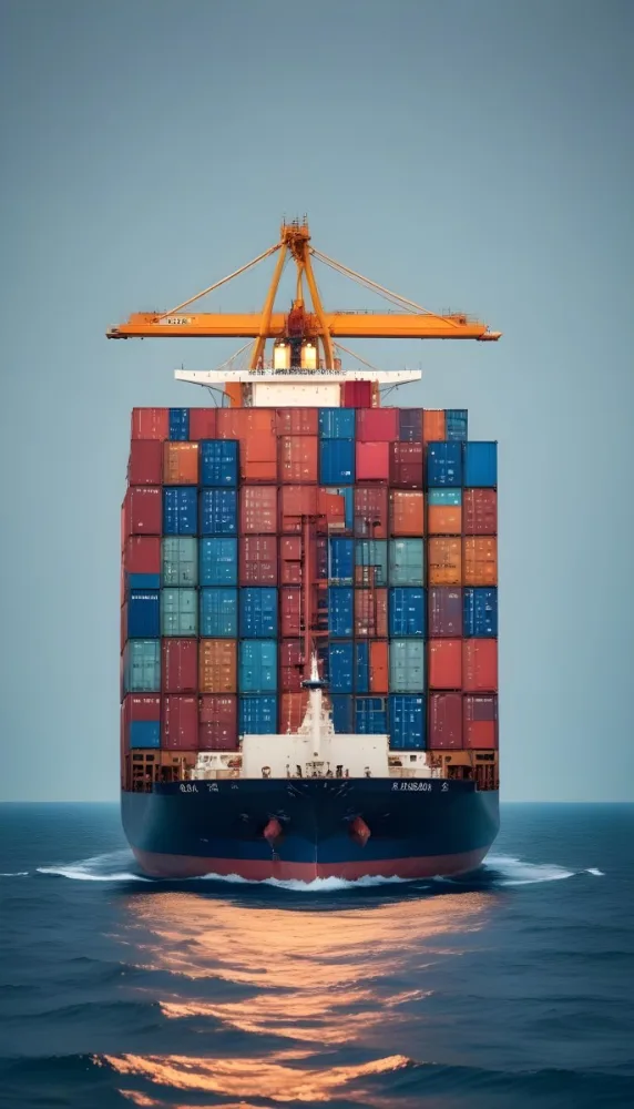 A Cargo Ship Carrying Colorful Shipping Containers On The Open Ocean With A Crane Visible In The Foreground 7 7cef